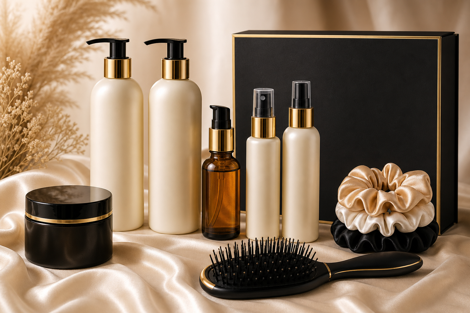 Luxury Nourish Hair starter kit with bottles, serum, treatment jar, box, silk fabric, brush, and soft lighting