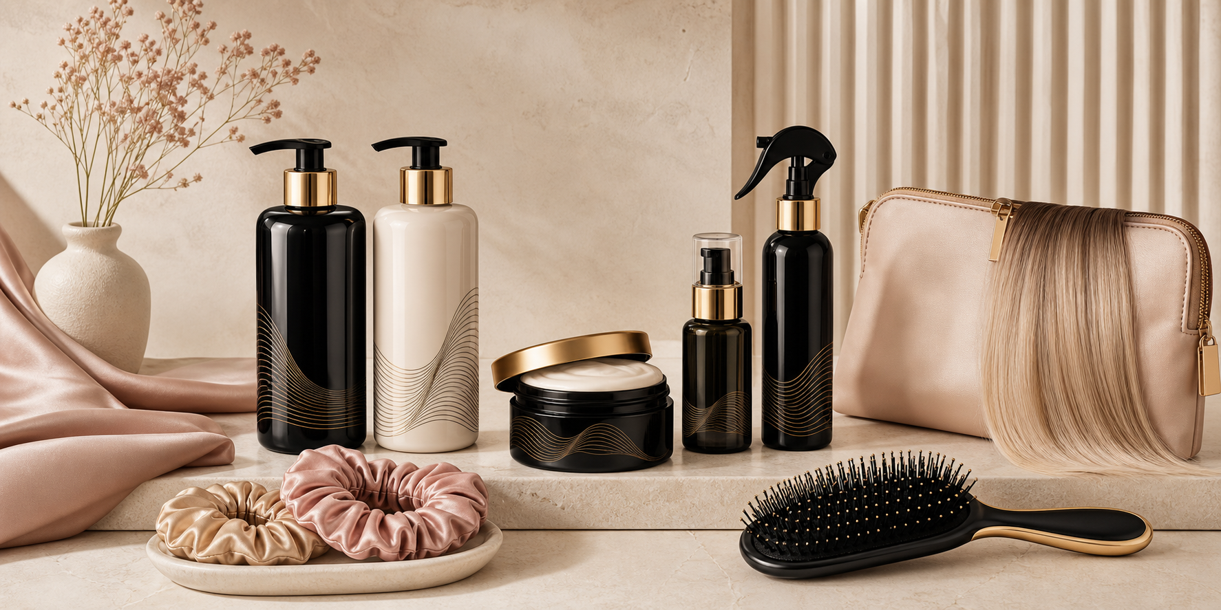 Luxury hair care category showcase with shampoo, conditioner, treatment, serum, styling spray, brush, silk scrunchies, and extension care