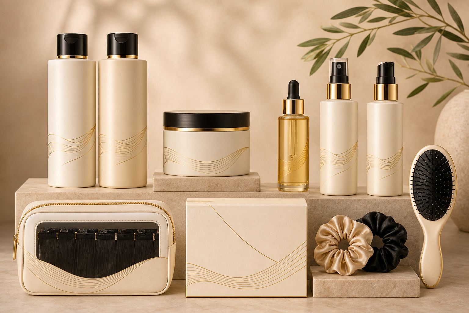 Complete luxury Nourish Hair collection with shampoo, conditioner, mask, serum, heat protectant, leave-in conditioner, extension care, silk scrunchies, brush, and starter kit box