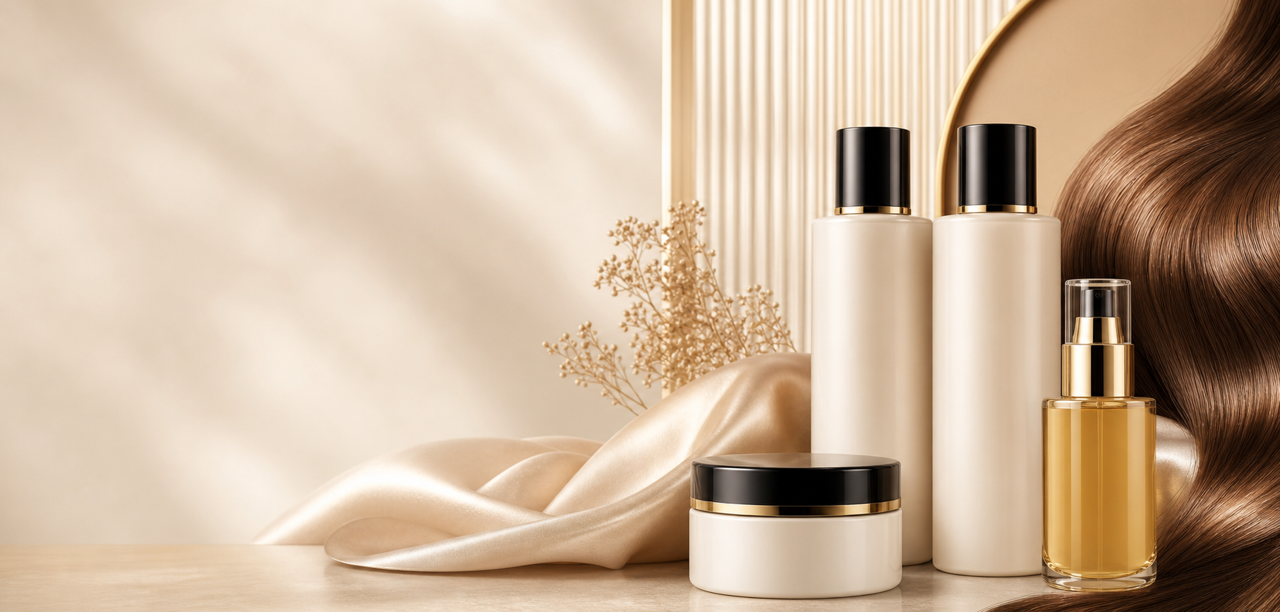Luxury Nourish Hair bottles, serum, treatment jar, silk fabric, and healthy hair texture on a champagne salon background