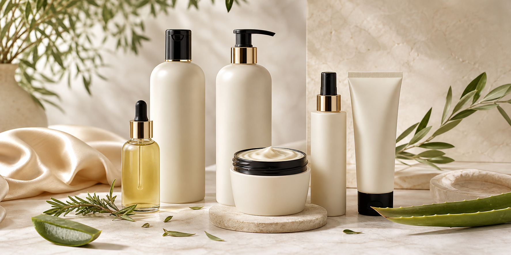 NOURISH HAIR ORGANICS vegan organic-inspired hair care bottles with botanical ingredients, sage accents, and a luxury spa salon feel